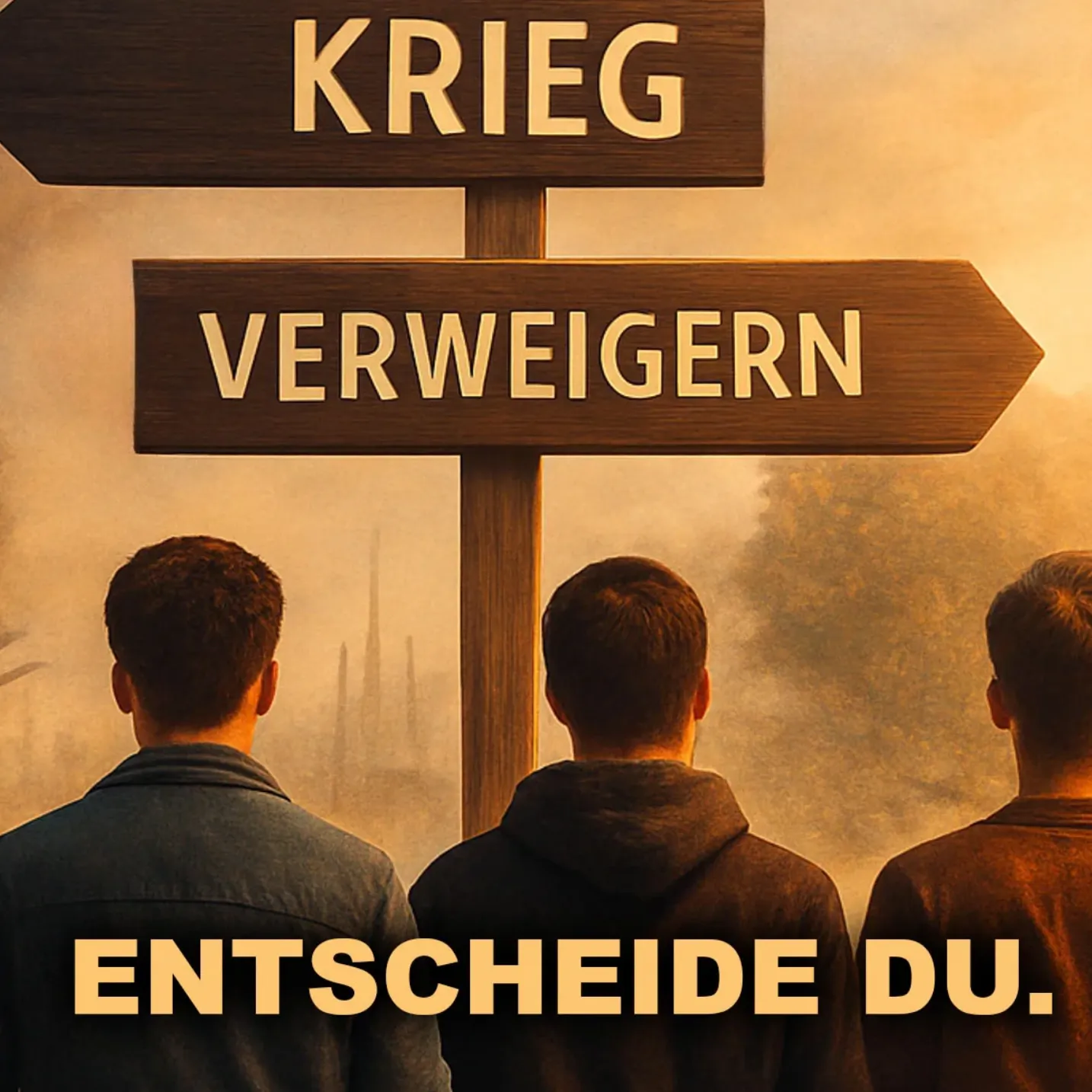 Drei Männer von Hinten stehen vor Entscheidungsschildern zum Thema Kriegsdienst verweigern